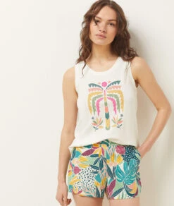 Elegant Ecru Palm Print Pyjama Tank Top - Comfortable Sleepwear -Etam Verkäufe 654070380 c