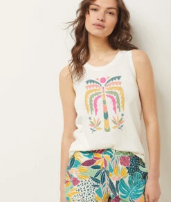 Elegant Ecru Palm Print Pyjama Tank Top - Comfortable Sleepwear