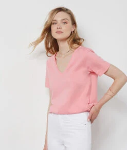 T-Shirt Mit V-Ausschnitt Und Kurzen Ärmeln, 100 % Baumwolle ROSA -Etam Verkäufe 654072194 6