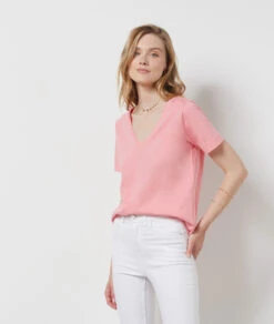 T-Shirt Mit V-Ausschnitt Und Kurzen Ärmeln, 100 % Baumwolle ROSA -Etam Verkäufe 654072194 c