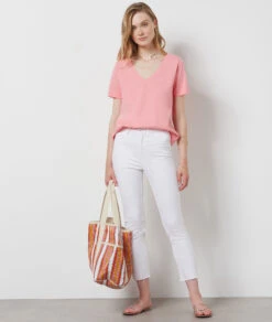 T-Shirt Mit V-Ausschnitt Und Kurzen Ärmeln, 100 % Baumwolle ROSA