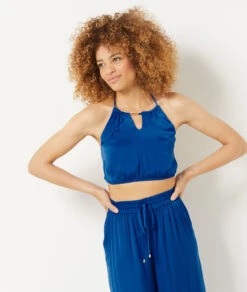 Elegantes Caraco Crop-Top – Seidig Schimmerndes Trägertop in Königsblau