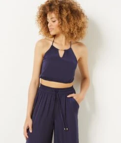 Silky Shimmering Cami Crop Top - Midnight Blue Loungewear