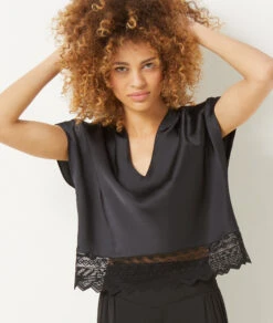 Black Satin Lace Sleep Shirt - Elegant Women's Loungewear Top