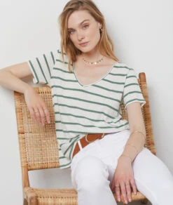 Gestreiftes T-Shirt Aus Leinenmischgewebe KHAKI